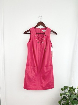 Calvin Klein 2P Bright Pink Lace Up Sleeveless Sheath Dress Womens 2  Petite New | eBay