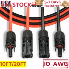 10 AWG Solar Panel Extension Cable PV Wire Solar Connectors Pair Black Red 6mm²
