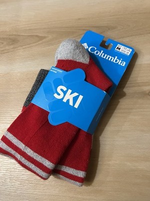 New Columbia Ski Medium Weight OTC Over Calf Red Gray Socks Pair Adult M