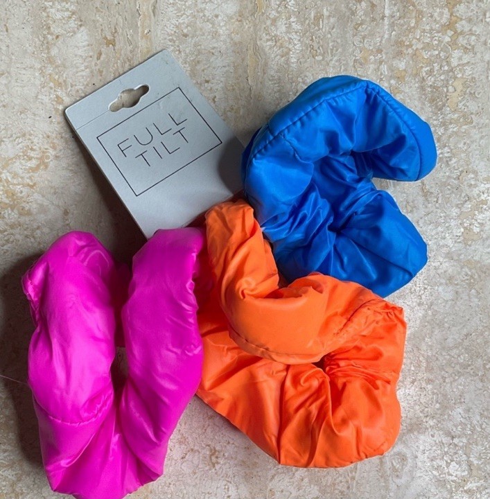 Full Tilt 3 Pack Hair Scrunchies, Bright Pink, Orange & Blue, New With Tags