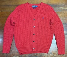 VTG Polo Ralph Lauren Red Cable Knit Cardigan Classic Button Up Sweater Size L