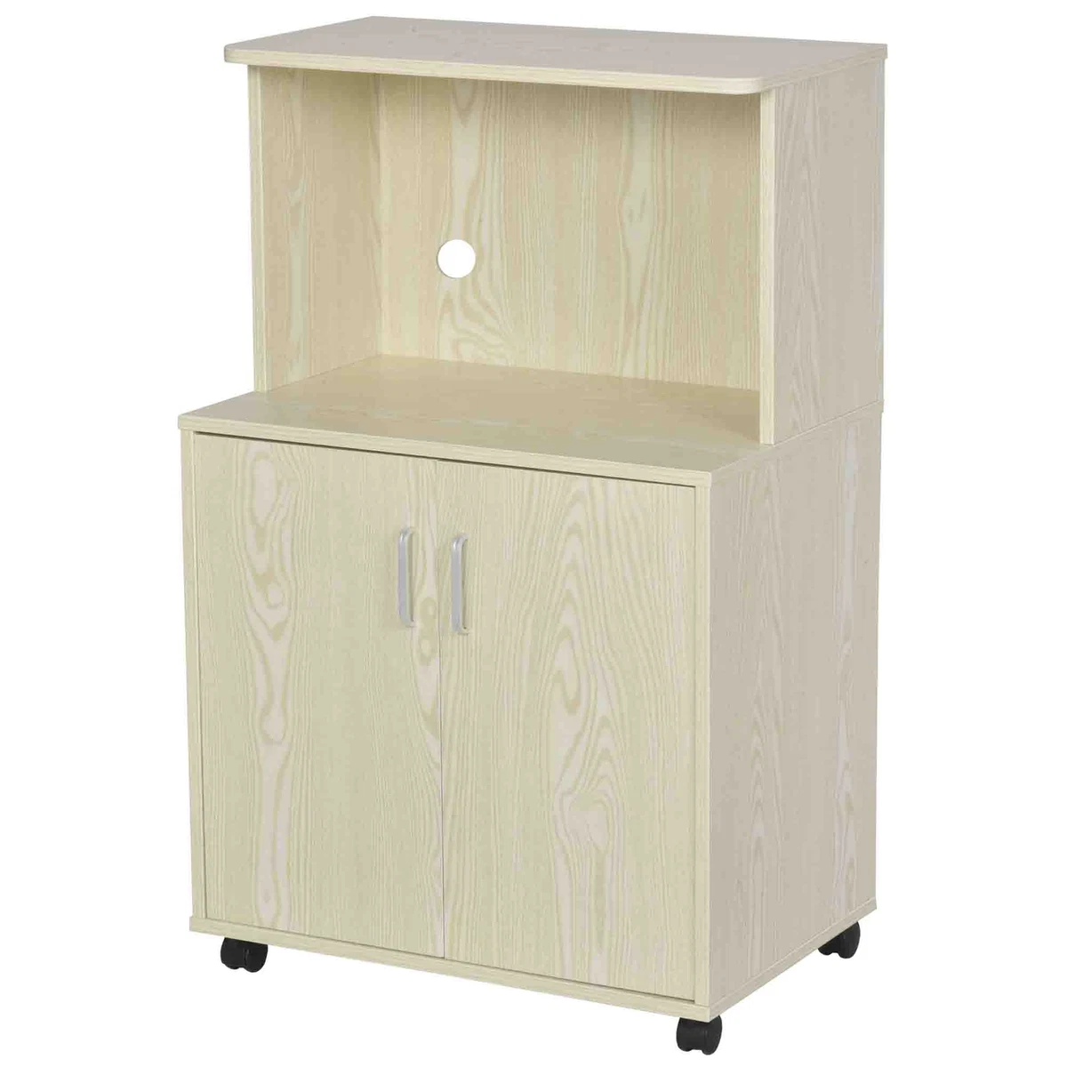 White Wood Storage Cabinet, Microwave Cart with 2 Doors 4 Casters