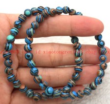 Pretty Charming 2 Pcs 6mm Blue Stripe Turquoise Gems Round Beads Bracelet 7.5in