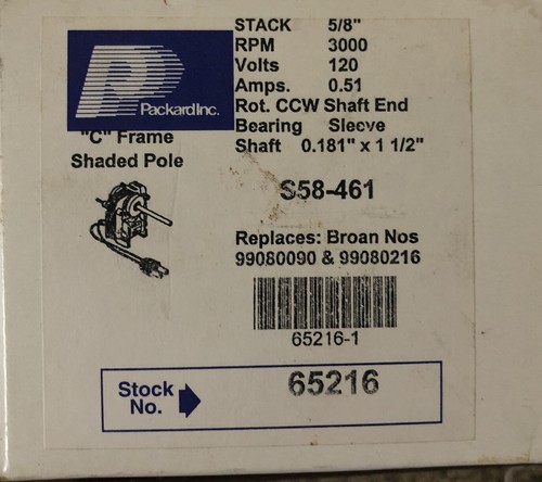 Packard Inc Broan S58-461 C Frame Shaded Pole 120v 3000rpm Motor - Picture 2 of 2