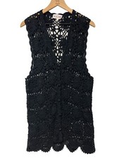 Vintage Boho Festival Black Hand Crochet 100 Silk Vest Beach Cover Silktime Med