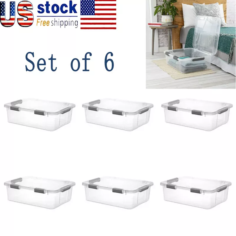 Container Plastic Storage Boxes 40 Quart Stackable Flat Bin Tote W/ Lid Set  of 6