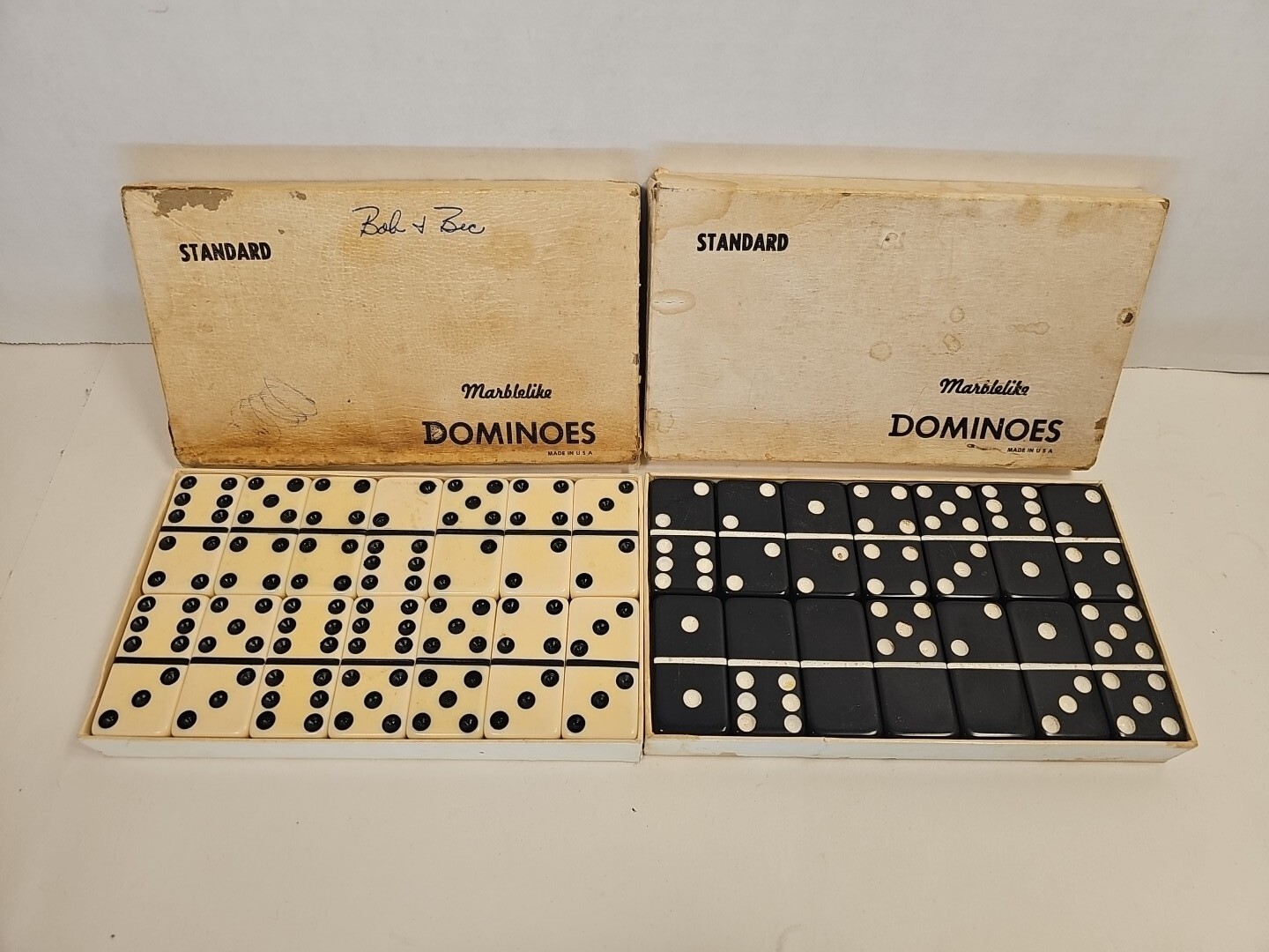 2 Vintage Puremco Marblelike Dominoes Set Made In Waco Texas USA Box