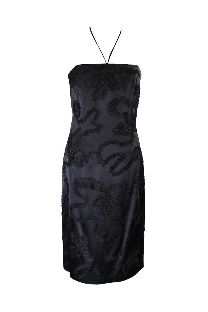 Robe Cocktail Laundry Shelli Segal - Taille 4 - Noir Satin Sans Bretelles Avec Nœud Bleu - Occasion Très Bon état