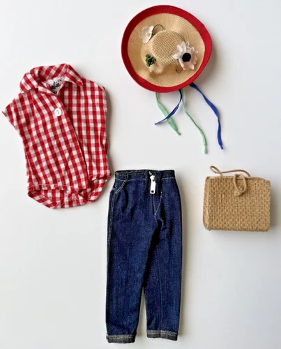 Vintage Barbie Doll Picnic Set, Early T.M Tag # 967 Shirt Jeans Hat Bag 1958,