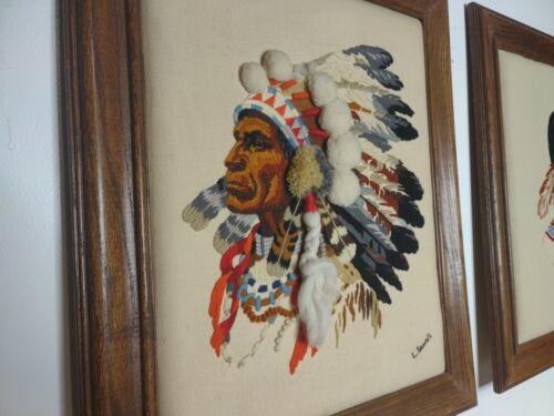 Pair Vintage Crewel Native American Indian Framed Embroidery Art Needlework - Picture 3 of 12