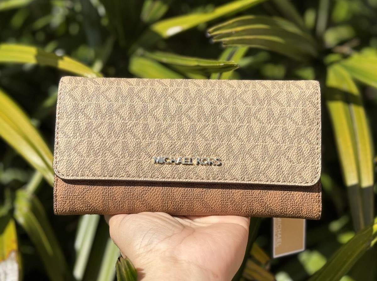 MICHAEL KORS JET SET TRAVEL LARGE TRIFOLD WALLET MK CAMEL MULTI | eBay