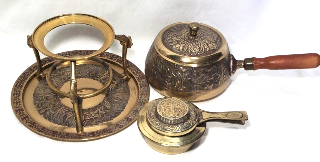 Vintage Brass Korean Fondue Set 6 Piece Floral Pattern