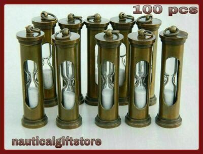 LOT OF 100 PCs Antique Brass Handmade Sand Timer Collectible Key Chain Ring NEW