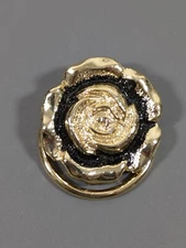 Retro Gold Tone Black Rose Flower Round Scarf Dress Clip