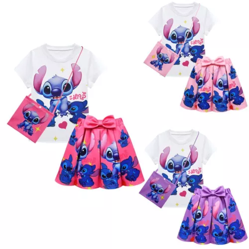Lilo Stitch Girls T-Shirt Dress Kids Pleated Skirts Set Cute Print Outfit Gift - Picture 2 of 19