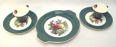 Vintage Harker Pottery Cake Plate 2 Cups 2 Dessert Plates Fruit Berries Gold Rim