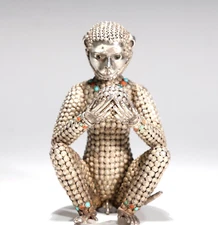 Sterling Silver Art Deco Jeweled Turquoise Coral Monkey Sculpture