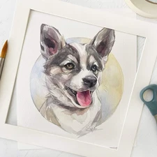 Original Watercolor Baby Husky 8x8 Painting Unique Artwork Small Wall Art