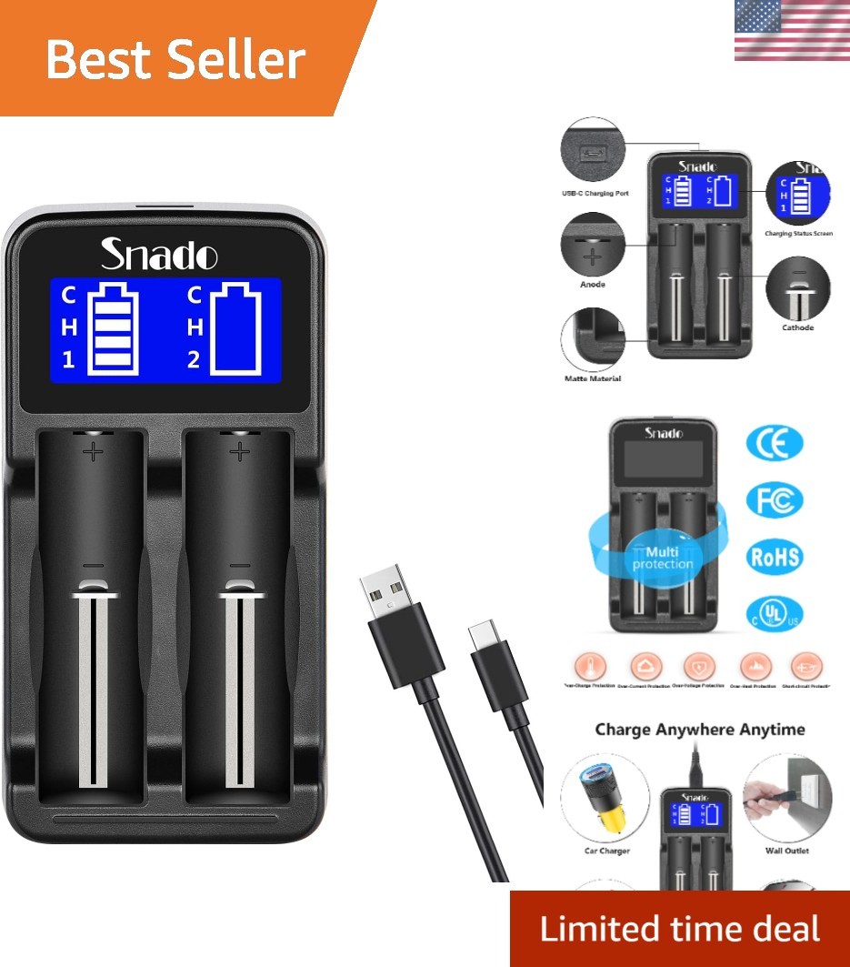 Universal Smart Charger with LCD Display & USB-C Fast Charging for Li-ion & NiMH