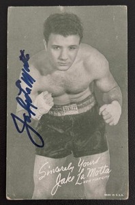 JAKE LAMOTTA Autographed Signed 1950's Exhibit Card Boxing Hall of Fame