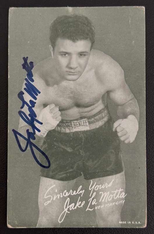 JAKE LAMOTTA Autographed Signed 1950's Exhibit Card Boxing Hall of Fame