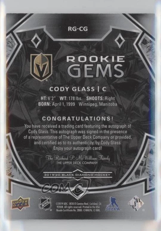 2019-20 Upper Deck Black Diamond Rookie Gems Pure /99 Cody Glass #RG-CG Auto RC - Image 2 of 2