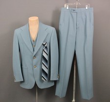 Men's VTG 70s Light Blue 3 PC Leisure Suit W Tie Sz M 1970s Disco Polyester
