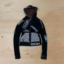 1of1 00s Crust-Punk Patchwork Womens Zip Up Hoodie Sz Small Slim Fit 