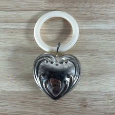 Vintage 1950's Silver Plated Puffy Heart Baby Rattle on Plastic Ring