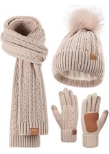 Women Winter Beanie Scarf Gloves Set Pom Pom Fleece Lined Touch Gloves