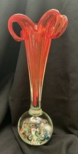 Murano Style Ruby Glass Vase Curled Rim Millefiori Bottom Italy