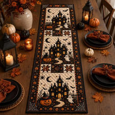Halloween Quilted Table Runner, Fall Table Runner, Pumpkin Cat Ghost Bat Table D