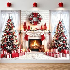 Red Christmas Fireplace Backdrop 7x5Ft Cotton, Christmas Tree Photography Backgr