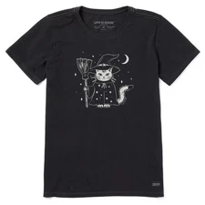 Life is Good. Women's Witch Kitty Short Sleeve Crusher Tee, Faded Black