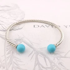 David Yurman Sterling Silver Diamonds & Turquoise Solari 3.5mm Bangle Bracelet