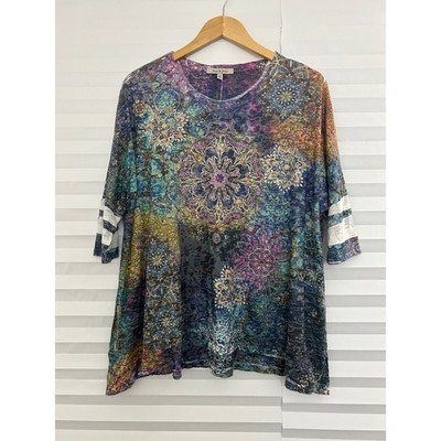 Jess & Jane Womens Mandala Print Burnout Knit Top 3/4 Sleeve Multi Color