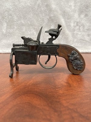 Antique Tinder Lighter w/ Sterling Deer Plaque Swiss German Flintlock Style