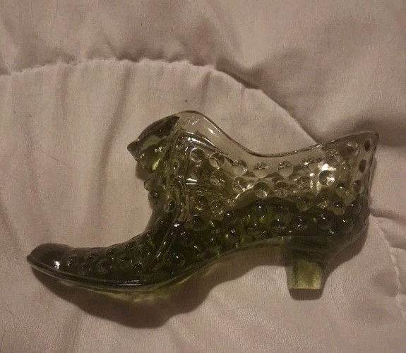 Vintage Fenton Olive Green Hobnail Glass Shoe With Cat Head Vintage Slipper Shoe
