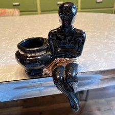 Vintage Pottery African Nude Sitting Male With Gold Sarong/Towel And Planter