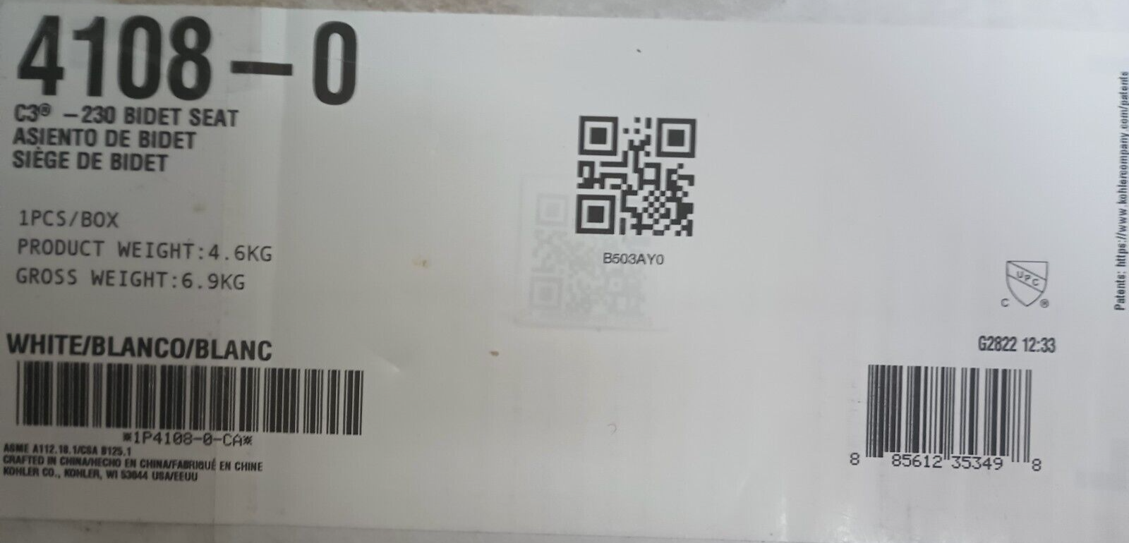 KOHLER K41080 C3230 Elongated Bidet Seat Touchscreen Remote Control