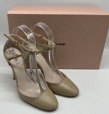Miu Miu Nude Leather Closed Toe T-Strap Gold-Tone Heel Pump sz 36.5