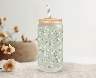 Sakura Cherry Blossom Frosted Glass Can W/ Bamboo Lid 16 Oz Glass Cup by Mugzan