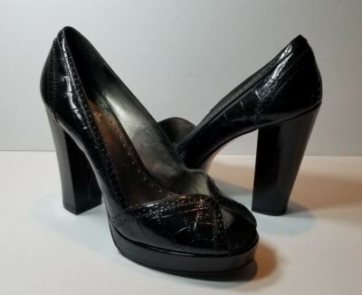 COACH Lynette Black Leather Croc Platform Peep Toe Heels