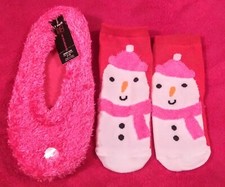 New With Tags Pink Snowman Socks Flat Slippers Set Size 4 - 10