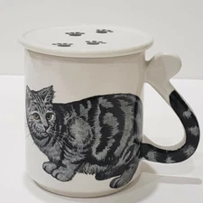 Vintage Gray Cat Coffee Tea Mug Tail as Handle with Paw Print Cover 3 1/2" Tall