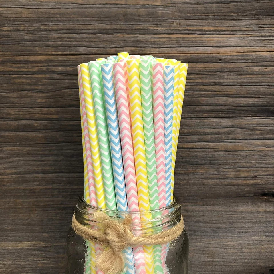 Pajitas de papel Chevron pastel - Pajitas de Pascua - Paquete de 100 rosa, azul claro, amarillo, Foto 4 de 4