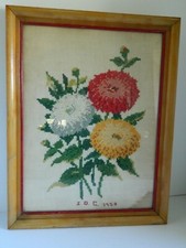 Vintage Framed Cross Stitch Chrysanthemum Floral Picture under glass JDC 1958