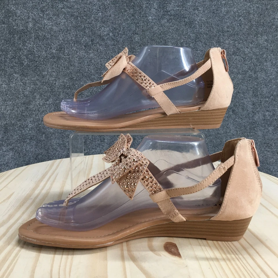 Torrid Sandals Womens 10.5 Wide T-Strap Beige Fabric Studded Buckle Wedge Heels - Image 2 of 4