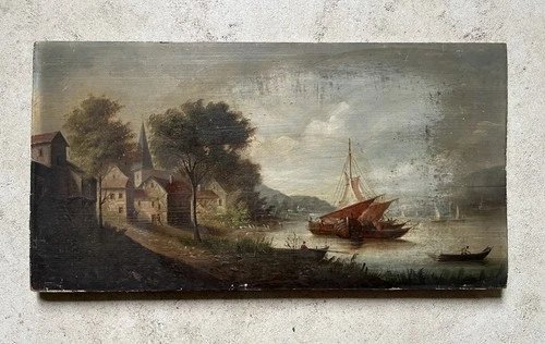 Oil on wood 19th century - French school - Port de Village