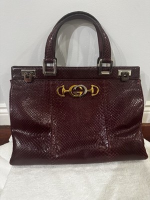 Gucci Python Skin Horsebit Tote Handbag Burgundy Red Vintage Large Satchel Purse